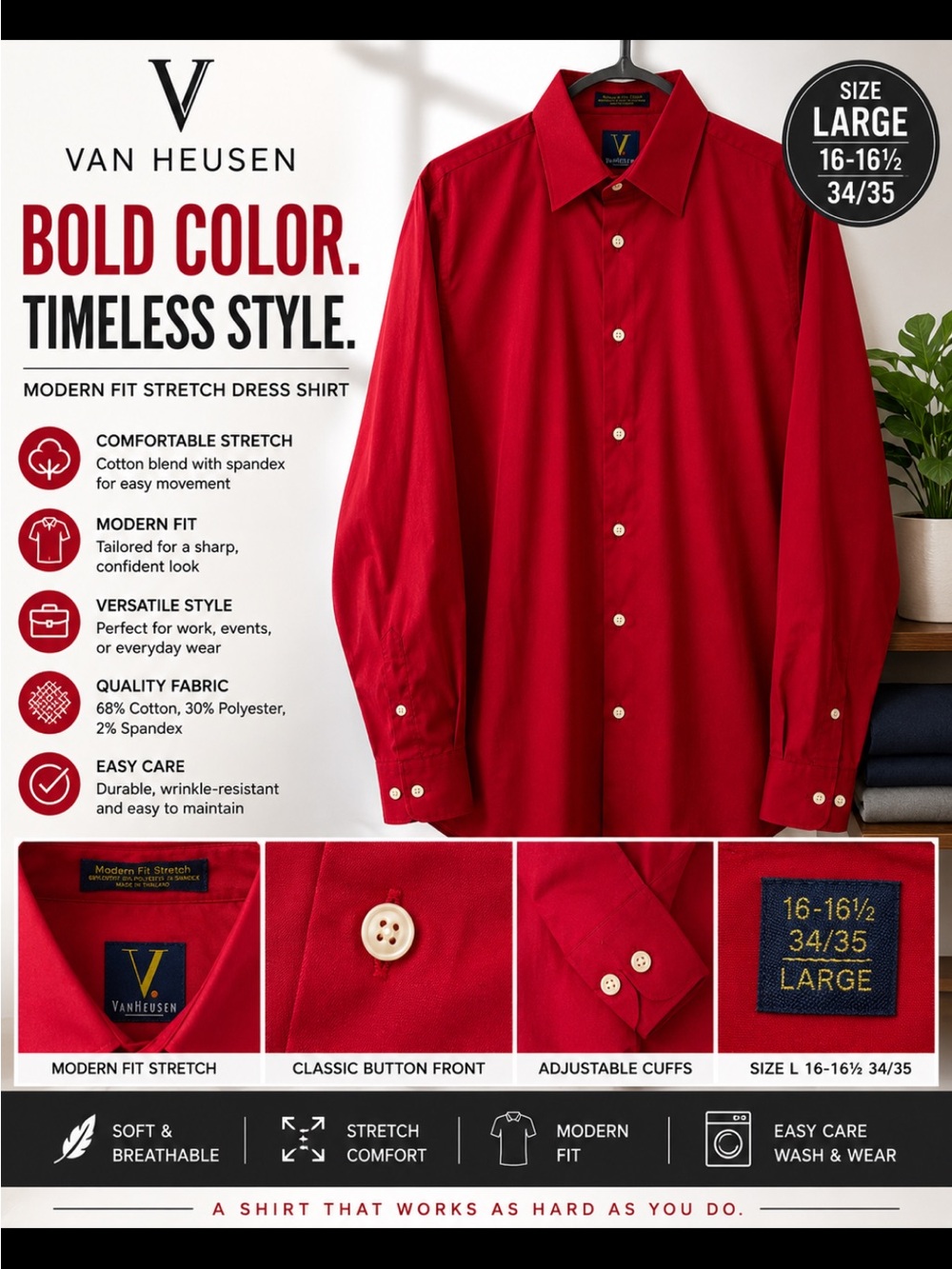 Van Heusen Men's Modern Fit Stretch Dress Shirt - Red